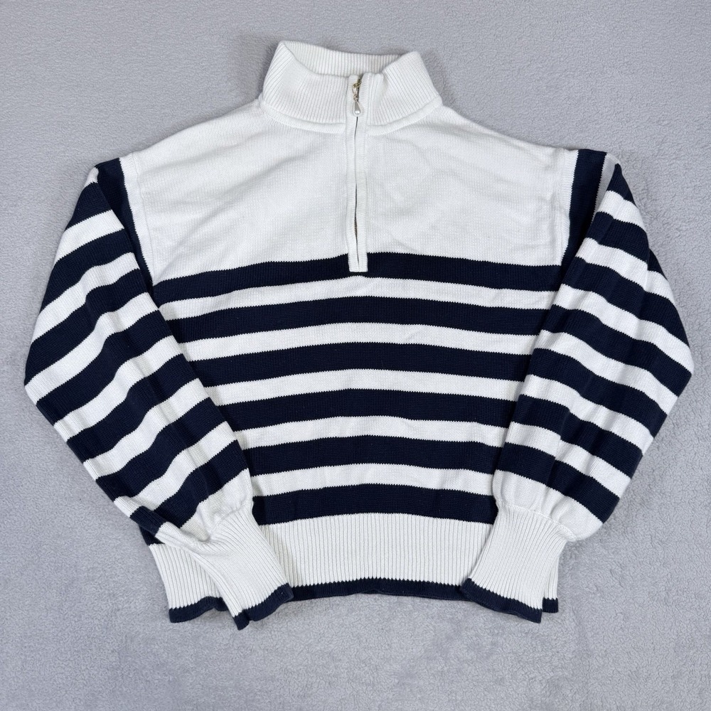 J. Crew White & Navy Striped Quarter-Zip Sweater with Pearl Zipper Nautical M